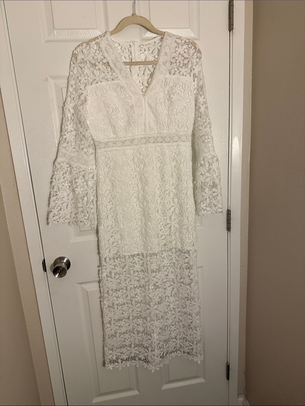 H&M White Lace Midi Dress with Bell Sleeves